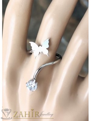  Мега як пръстен с пеперуда 1 см и кристал 0,7 см , неръждаема стомана асиметричен дизайн,не променя цвета си - P1590